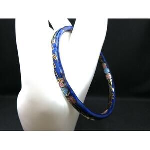Vintage Cloisonné Bangle Bracelet, Blue Pink Floral Enamel, Asian 1960s, 8 3/4"